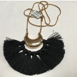 INC International Concepts crescent moon Black Gold Tassel statement Necklace